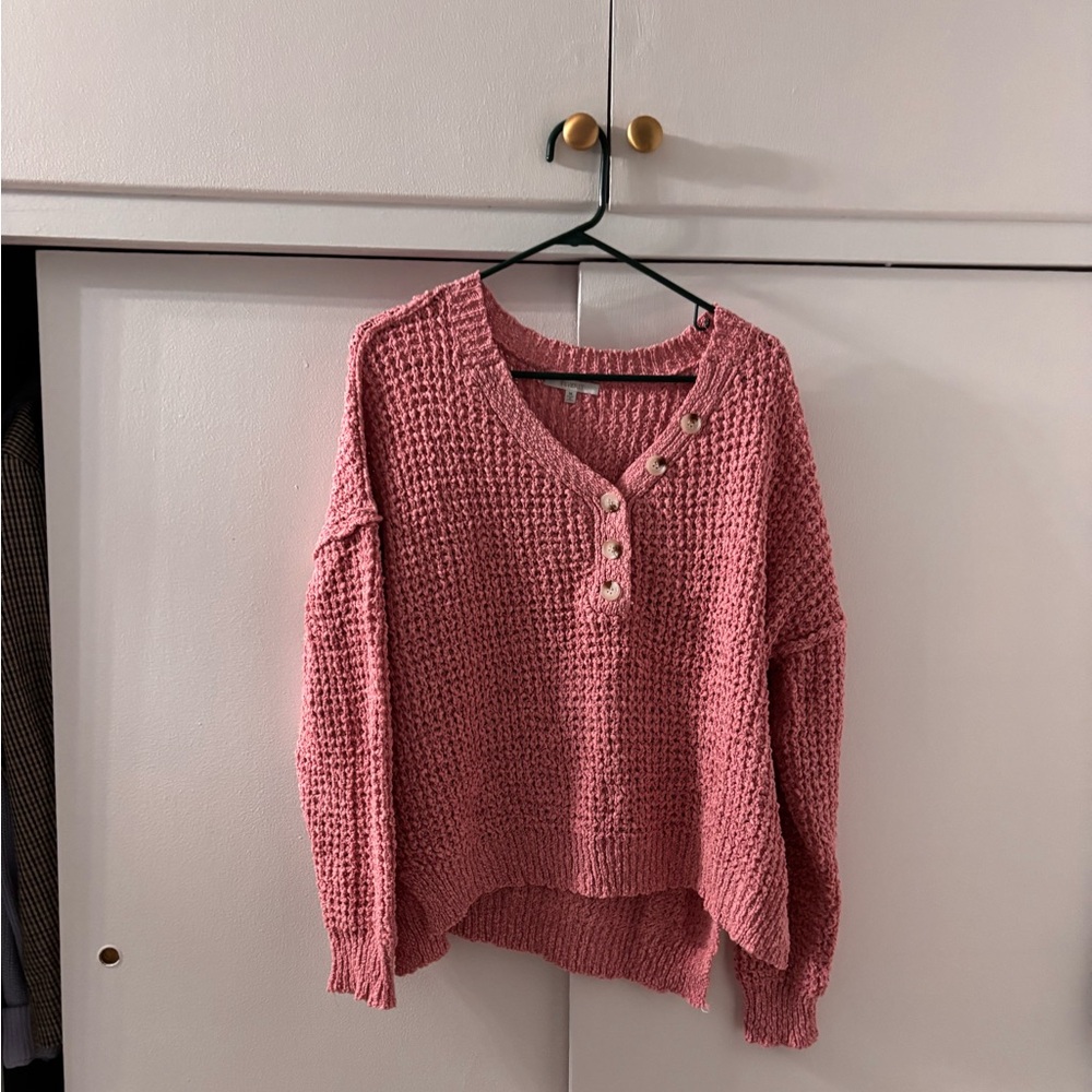 Cozy Pink V-Neck Sweater with Button Detail